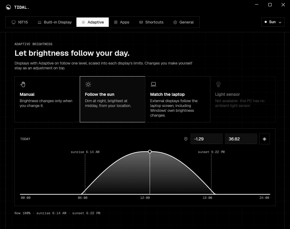 Tidal's adaptive brightness page following the sun, with today's brightness curve from sunrise to sunset