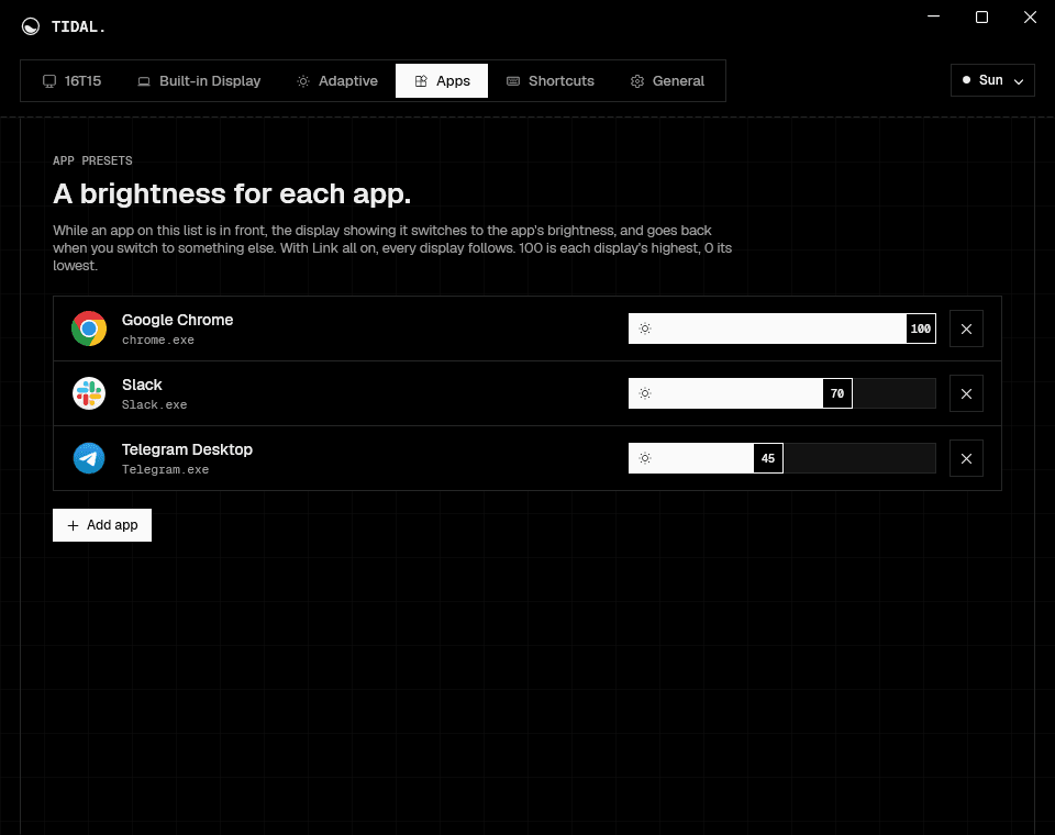 Tidal's app presets: Google Chrome, Slack and Telegram, each with its own brightness