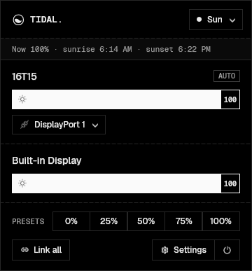 Tidal's tray popup following the sun: a brightness slider for each display, the monitor's input, presets and Link all