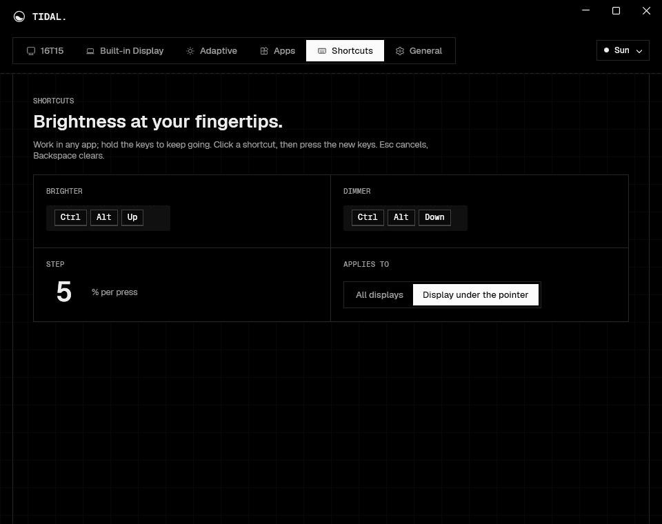 Tidal's shortcuts page: brighter and dimmer keys, step size and which displays they move
